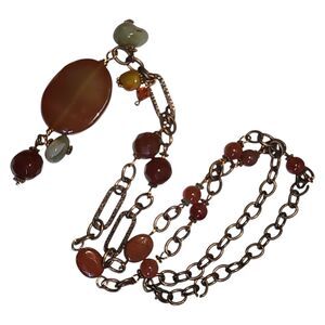 Boho Copper Color Stone And Crystal Beaded Y-Drop Necklace 24"‎